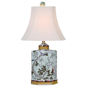 Chinese Floral Pattern Hexagonal Porcelain Tea Caddy Table Lamp 20"