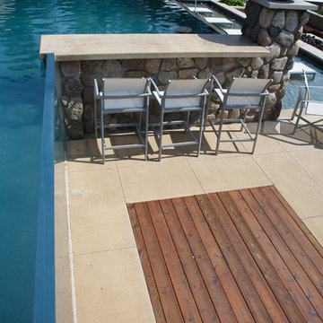 Modern pool, spa and landscape on lakeshore