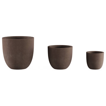 Set of 3 Fiber Clay Planters Weather Resistant Modern Round Outdoor Potting Pots