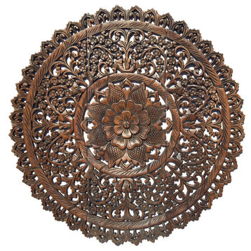 Medallion Wood Carved Wall Plaque. Asian Lotus Flower Hangings 36", Dark Brown