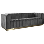 Meridian Furniture - Marlon Velvet Upholstered Sofa, Gray - Seat guests in the epitome of comfort and style with this Marlon velvet sofa. This piece is just the thing to showcase your modish style while ensuring total enjoyment from all who are lucky enough to relax on its channel tufted seats. The soft Gray velvet upholstery adds a beautiful touch to your space and feels great against your skin while the brushed gold stainless steel base lends it a contemporary finish.