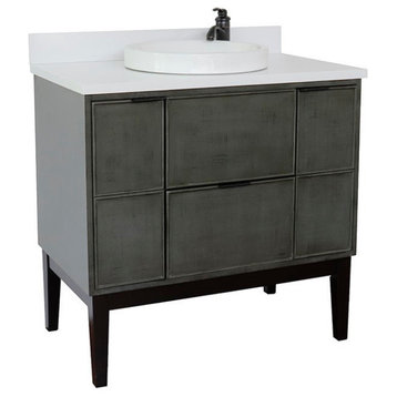 37" Single Vanity, Linen Gray Finish With White Quartz Top And Round Sink