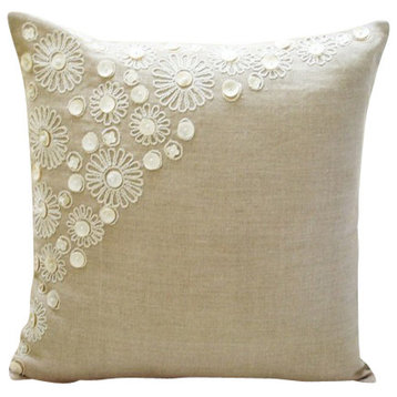 Beige Pearl Flower 12"x12" Cotton Linen Pillows Covers for Couch, Elegance