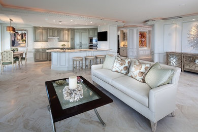 Mid-sized elegant formal and open concept ceramic tile living room photo in Miami with white walls and no tv