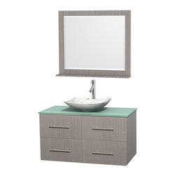 Wyndham - Centra 42" Gray Oak Vanity, Green Glass Top, 36" Mirror, White Carrera Marble - Bathroom Vanities And Sink Consoles
