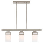 Livex - Livex 40193-91 3-Light Linear Chandelier, Brushed Nickel - The transitional style of the Harding three light linear chandelier features an eye-catching satin opal white glass shade floating inside a unique double forged square design in a brushed nickel finish.
