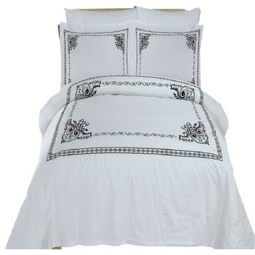 Athena 100% Cotton 4-Piece Comforter Set, White and Black, Full/Queen