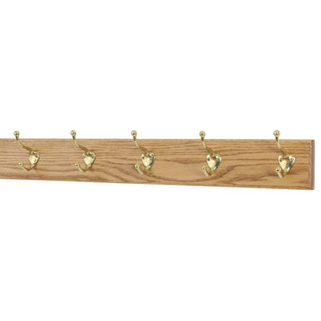 Solid Oak Wall Coat Rack, Brass Hooks, Golden Oak, 25.5"x3.5", 5-Hooks