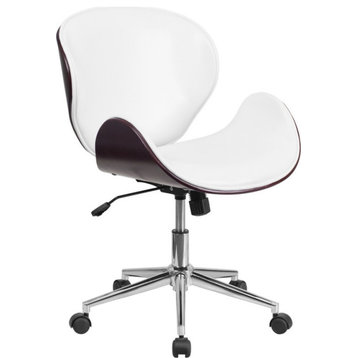 Mid-Back Wood Swivel Chair, Mahogany, White