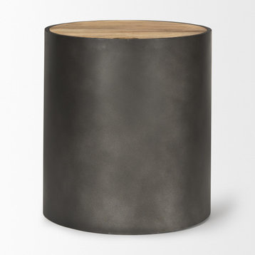Eclipse Gunmetal Gray Drum Base With Brown Wood Top End/Side Table