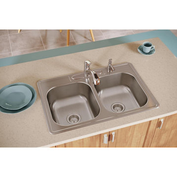 DSE233224 Dayton Stainless Steel 33" x 22" Double Bowl Drop-in Sink, 4 Holes