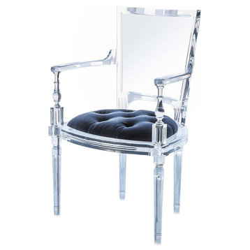 Marilyn Acrylic Arm Chair, Ghost Clear Plastic Dining Chair, Tufted Seat, Blue