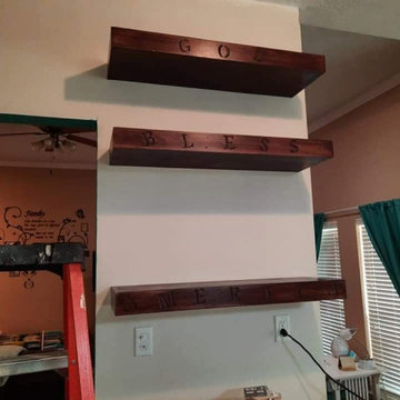 Custom Stained Floating Shelves with Engraved Front-Edge Lettering