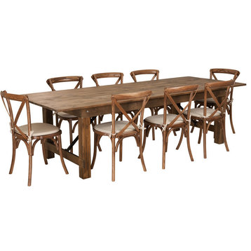 9'x40'' Antique Rustic Folding Farm Table Set, 8 Cross Back Chairs and Cushions