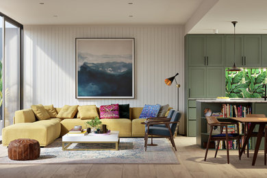 Inspiration pour un salon beige et blanc minimaliste en bois de taille moyenne et ouvert avec une salle de réception, sol en stratifié, aucune cheminée, un manteau de cheminée en bois, un téléviseur fixé au mur, un sol beige, un plafond en bois et éclairage.