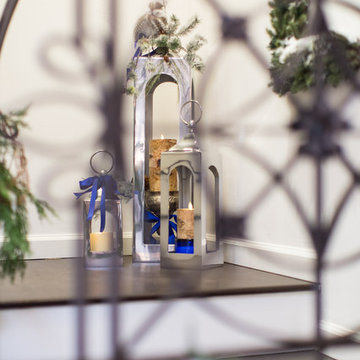 Staircase, White and Blue Christmas Decorations