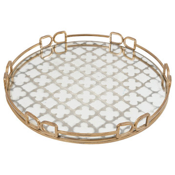 A&B Home 18" Round Gold Mirrored Serving Tray With Gold Metal, 18"
