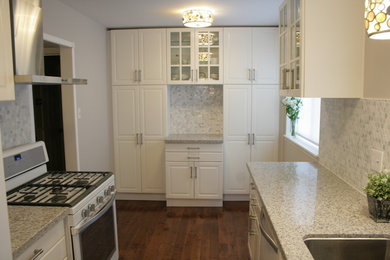 Enclosed kitchen - mid-sized contemporary galley medium tone wood floor enclosed kitchen idea in Toronto with an undermount sink, raised-panel cabinets, white cabinets, quartz countertops, gray backsplash, mosaic tile backsplash, white appliances and no island