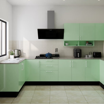 L-Shaped Mint Green High-Gloss Modular Kitchen