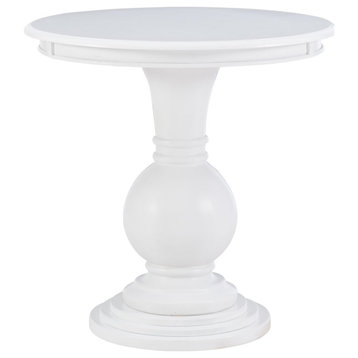 Modern Farmhouse Side Table, Turned Pedestal Base With Round Wooden Top, White