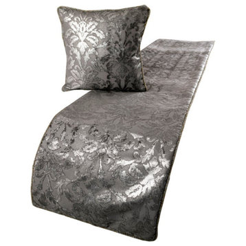 Silver CA King 86"x18" Bed Throws Runner Velvet Damask, Silver Glitterati