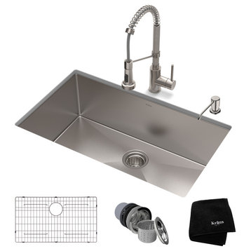 30" Undermount Stainless Steel Kitchen Sink, Pull-Down Faucet SS, Dispenser