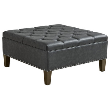 Madison Park Leathered Tufted Square Storage Ottoman, Charcoal Grey