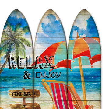 Benzara BM205780 Lounge & Umbrella Print Surfboard Shaped 3 Panel Room Divider
