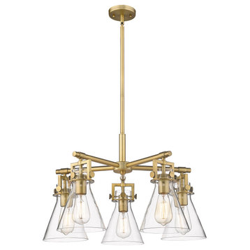 Newton Cone, 5 Light 7" Stem Hung Chandelier, Brushed Brass, Clear Glass