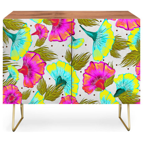 Deny Designs Ecstatic Floral Credenza, Walnut, Gold Steel Legs