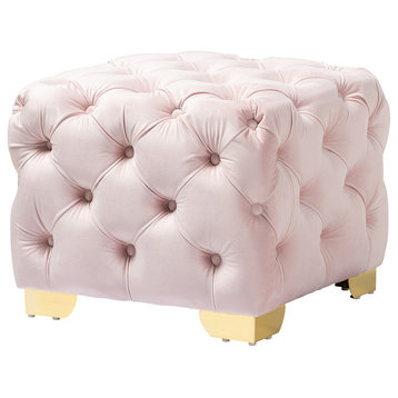 Ingram Luxe Light Pink Velvet Fabric Gold Finished Button Tufted Ottoman