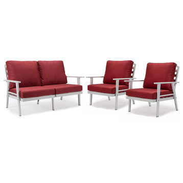 LeisureMod Walbrooke 3-Piece Patio Set, White Aluminum Frame and Cushions, Red