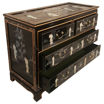 Shiny Black and Pearl Inlaid Oriental Dresser With 4 Drawers