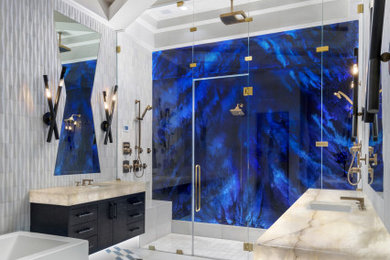 Inspiration for a huge contemporary master white tile and marble tile mosaic tile floor, white floor, double-sink and coffered ceiling bathroom remodel in Phoenix with black cabinets, a bidet, white walls, an integrated sink, quartzite countertops, a hinged shower door, white countertops and a floating vanity
