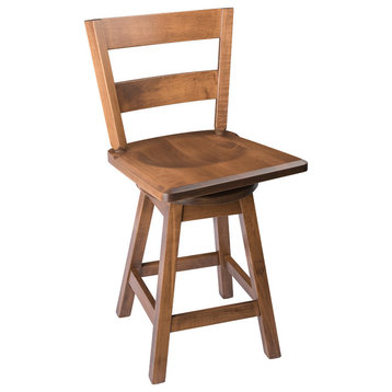 Swivel Bar Stool, Maple Wood With Straight Back, Cappuccino, Counter Height, 24"