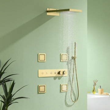 Thermostatic Brushed Gold Built-in Luxury Shower System With Jets and Wall Mount