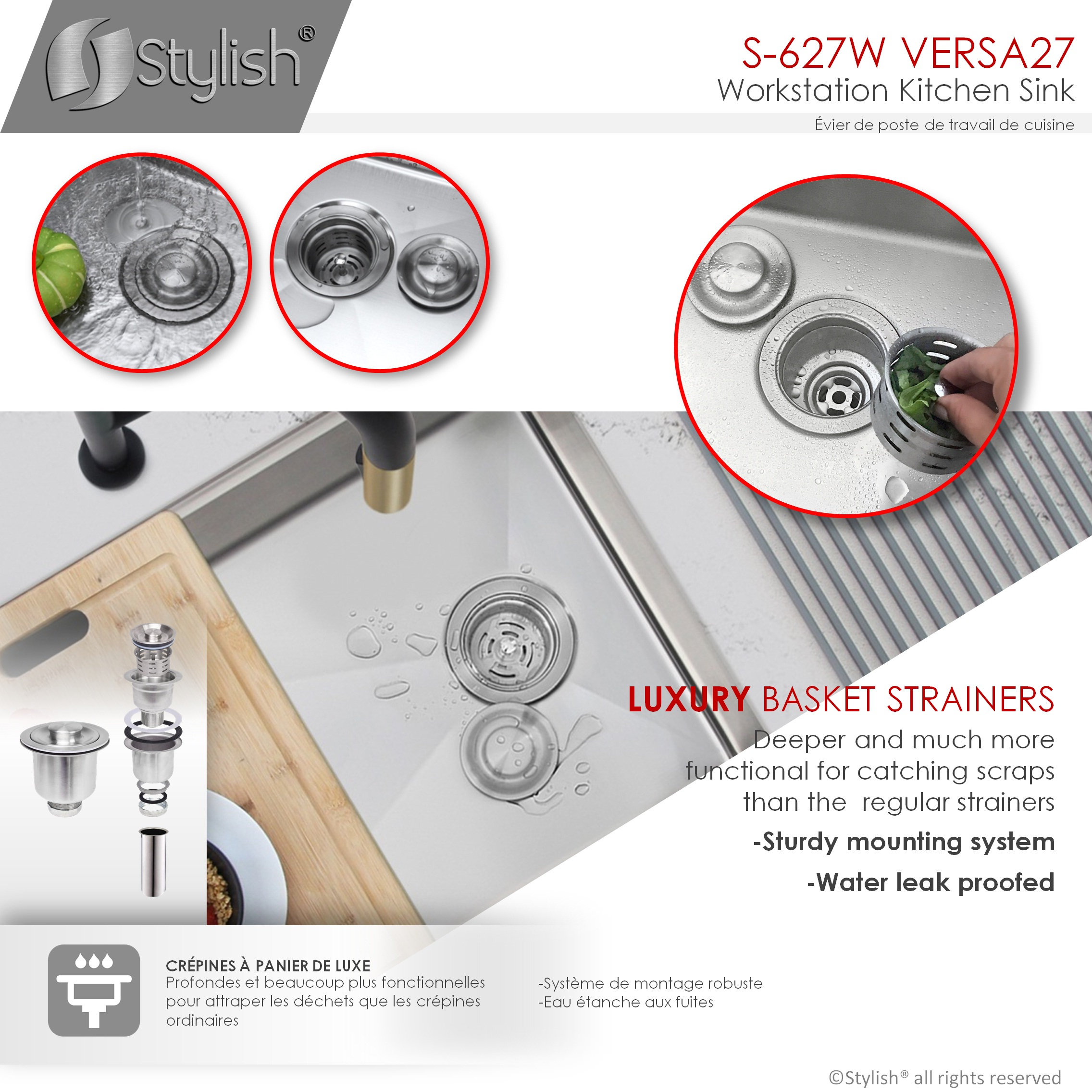 STYLISH 27'' Workstation Single Bowl Undermount 16G Stainless Steel Kitchen Sink