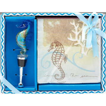 Seahorse Cocktail Paper Napkins and Bottle Topper Stopper Boxed Set