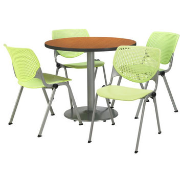 KFI Round 42" Pedestal Table - 4 Lime KOOL Chairs - Medium Oak Top