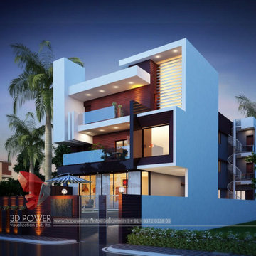 3D Modern Farm House Exterior evening rendering and elevation design by 3D Power