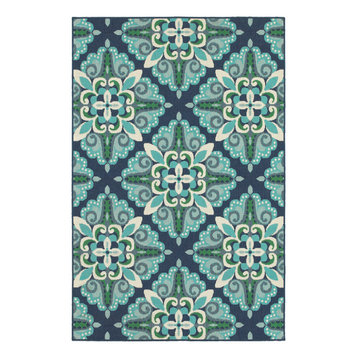 Madelina Medallion Blue and Green Indoor or Outdoor Area Rug, 6'7"x9'6"
