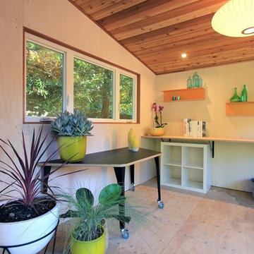 The interior of the shudio has a ceiling of western red cedar and whitewashed as