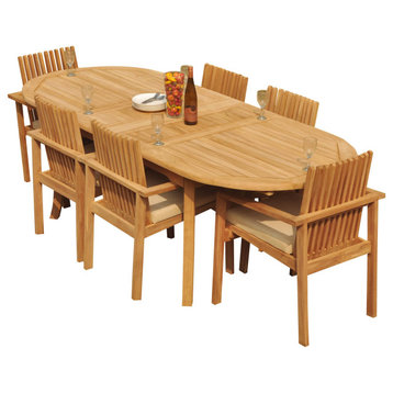 7-Piece Outdoor Teak Dining Set: 94" Oval Extn Table, 6 Clip Stacking Arm Chairs
