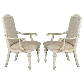 Benzara BM235431 Rustic Wooden Arm Chair, Intricate Carvings, Set of 2, White