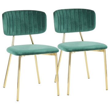 Bouton Contemporary/Glam Chair in Gold Metal and Green Velvet, Set of 2