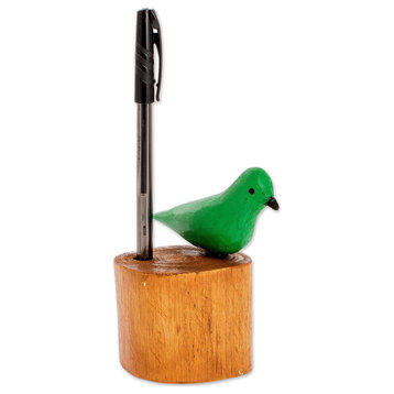 Novica Handmade Green Honeycreeper Wood Pencil Holder