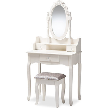 Veronique Vanity Table with Mirror and Ottoman - White
