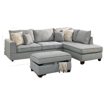 Pancevo 3-Piece Dorris Fabric Sectional Sofa Set With Storage Ottoman, Gray