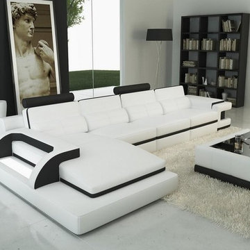 White and Black Bonded Leather Sectional Sofa with Chaise