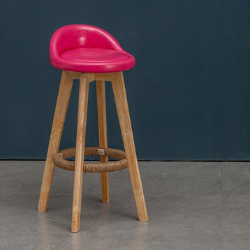 Retro-Styled Rotating High Bar Stool Made of Solid Wood, Red, Wax Oil Leather